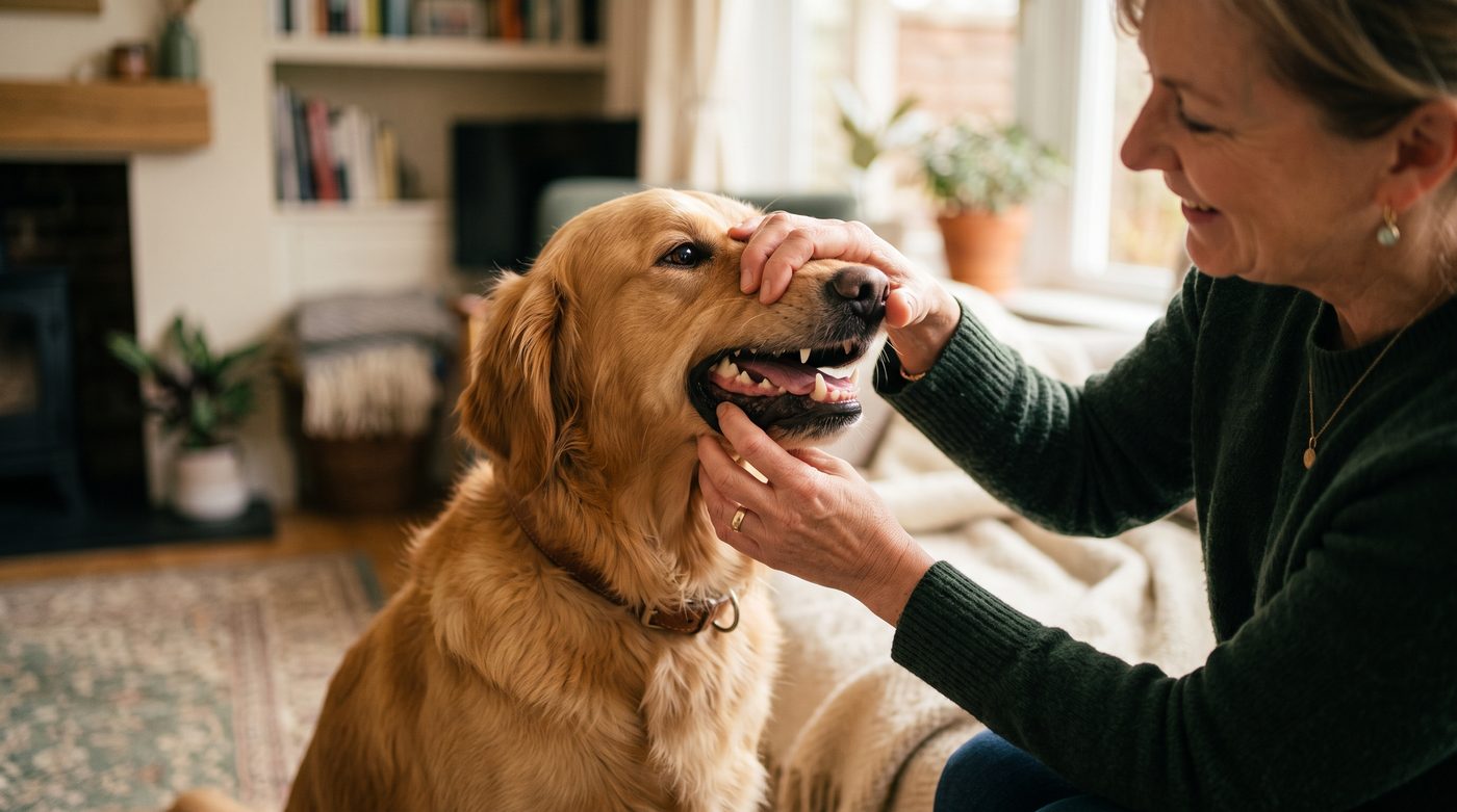 An owner gently checking a healthy dog's teeth at home in soft natural light
