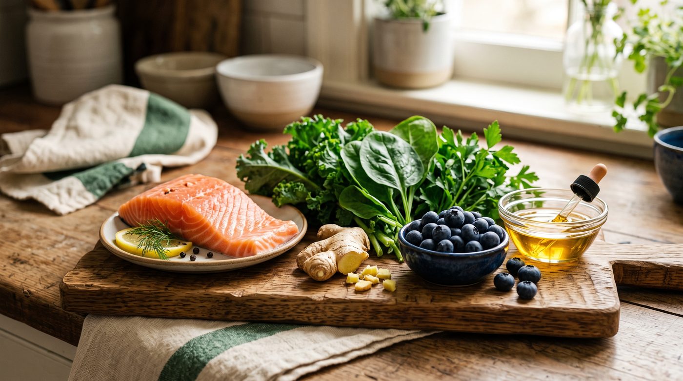Fresh brain-healthy whole foods for dogs including salmon, ginger, greens, and blueberries on a wooden board