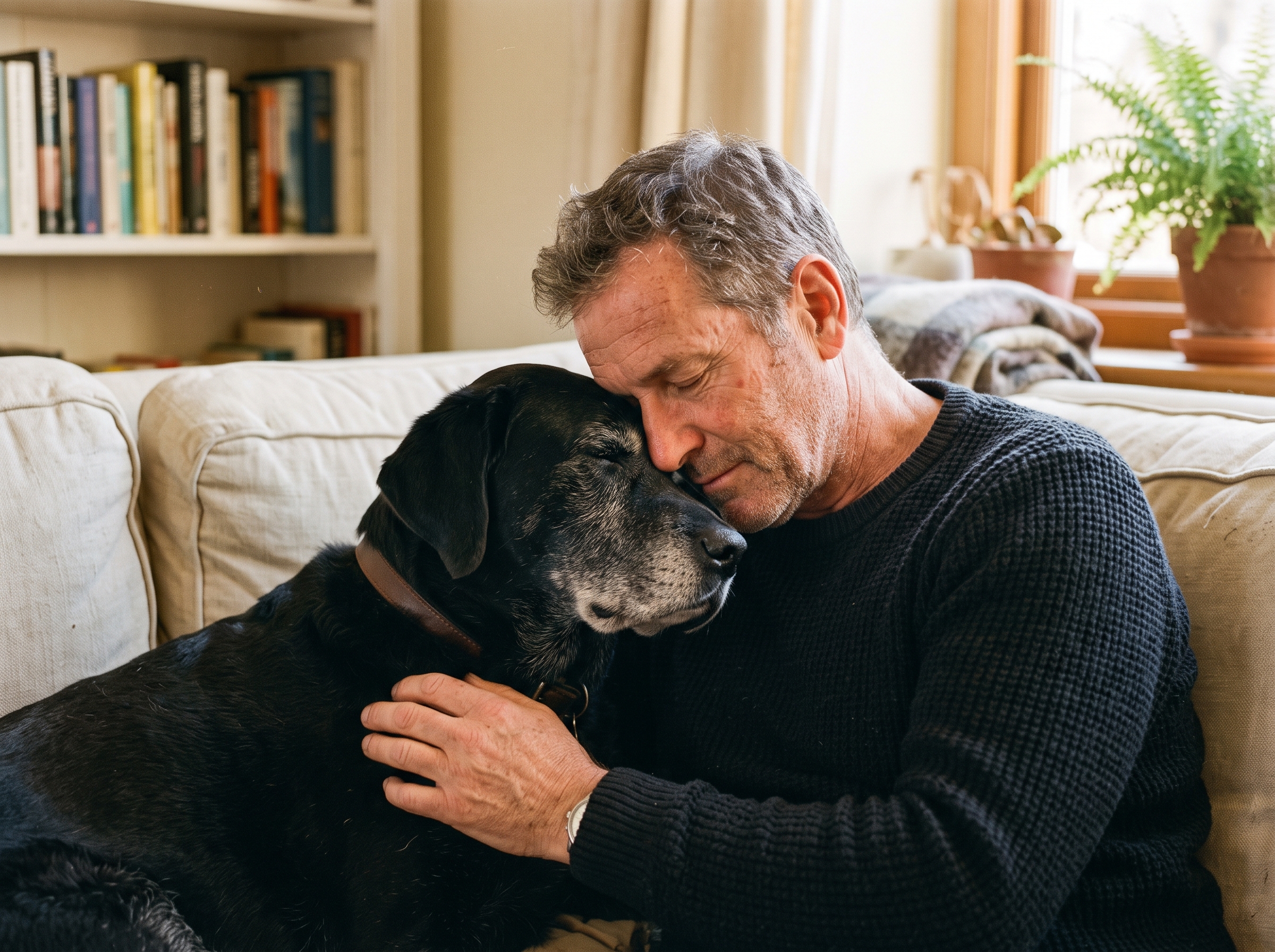 A man resting his forehead gently against his senior dog on the couch