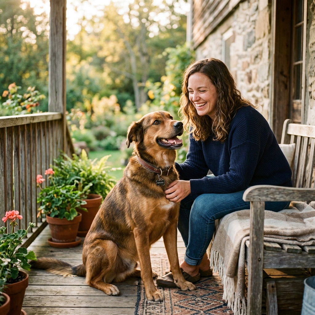 A healthy dog sitting close beside its owner on a porch in golden light