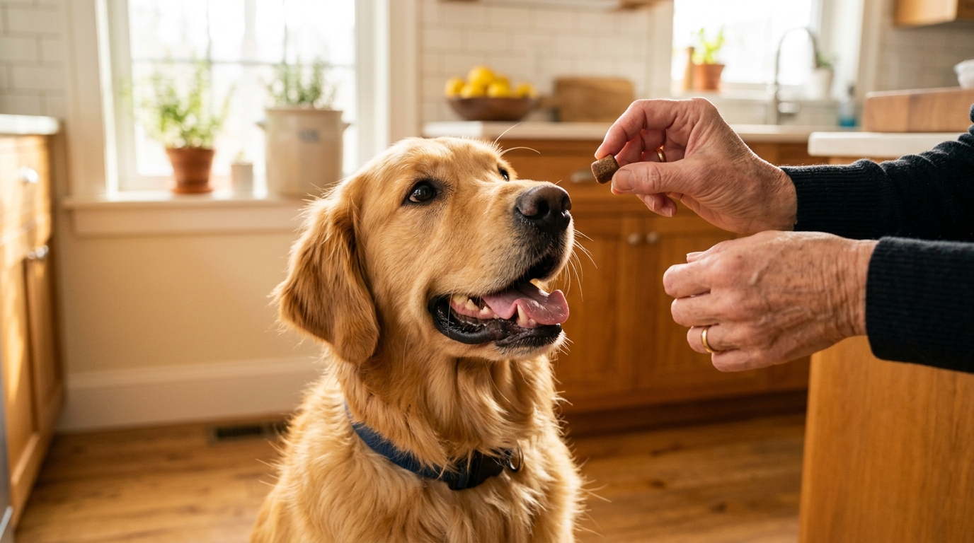 A hand offering a supplement chew to a happy healthy dog